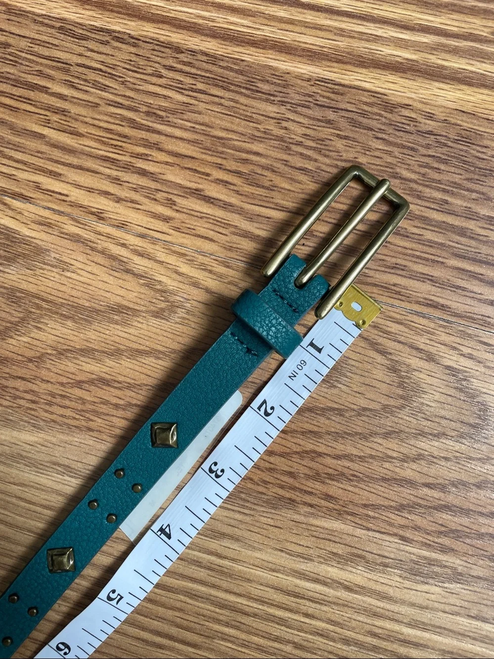 Nine West Women's Leather Belt Sz M Bronze Tone Buckle & Studded Teal Green NWT